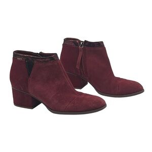 TOMS Red Suede Loren Block Heel Ankle Boots Size 7 Women's